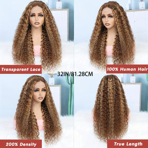 13x4 HD Transparent Lace Front Wig - Honey Blonde Ombre Water Wave Human Hair, Pre-Plucked with Baby Hair, 200% Density, Natural Look for Women, Fashion Accessory | Water Wave Texture | Full Voluminous Wig, Wig Accessories