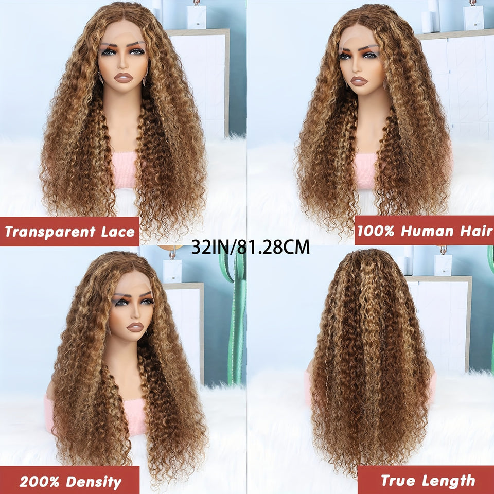 13x4 HD Transparent Lace Front Wig - Honey Blonde Ombre Water Wave Human Hair, Pre-Plucked with Baby Hair, 200% Density, Natural Look for Women, Fashion Accessory | Water Wave Texture | Full Voluminous Wig, Wig Accessories