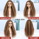 13x4 HD Transparent Lace Front Wig - Honey Blonde Ombre Water Wave Human Hair, Pre-Plucked with Baby Hair, 200% Density, Natural Look for Women, Fashion Accessory | Water Wave Texture | Full Voluminous Wig, Wig Accessories