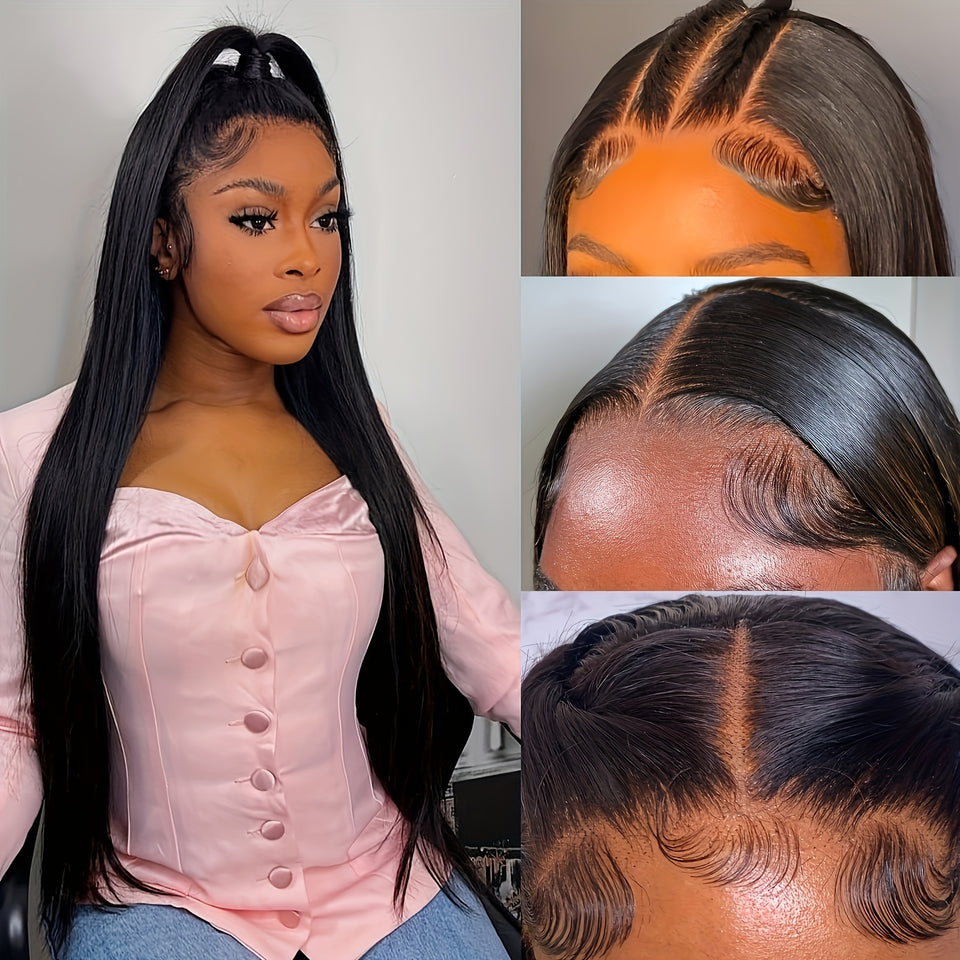 13x4 HD Lace Front Wig Virgin Human Hair 12A 180 Density Straight Pre-Plucked with Baby Hair Natural Black - Breathable Transparent Lace Frontal Wig for, Fashion Accessory, Sleek Hairstyle