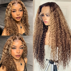 13x4 HD Transparent Lace Front Wig - Honey Blonde Ombre Water Wave Human Hair, Pre-Plucked with Baby Hair, 200% Density, Natural Look for Women, Fashion Accessory | Water Wave Texture | Full Voluminous Wig, Wig Accessories