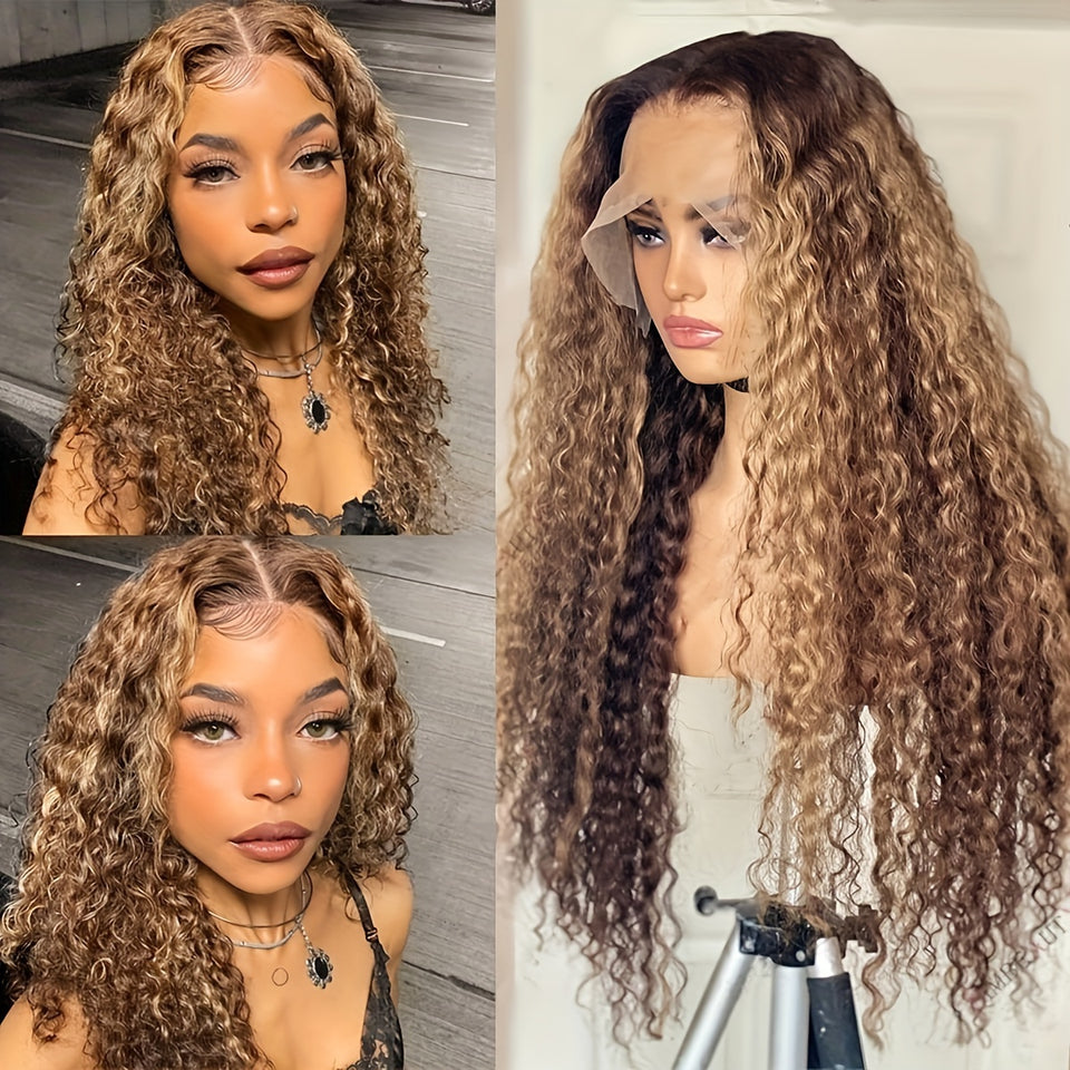 13x4 HD Transparent Lace Front Wig - Honey Blonde Ombre Water Wave Human Hair, Pre-Plucked with Baby Hair, 200% Density, Natural Look for Women, Fashion Accessory | Water Wave Texture | Full Voluminous Wig, Wig Accessories