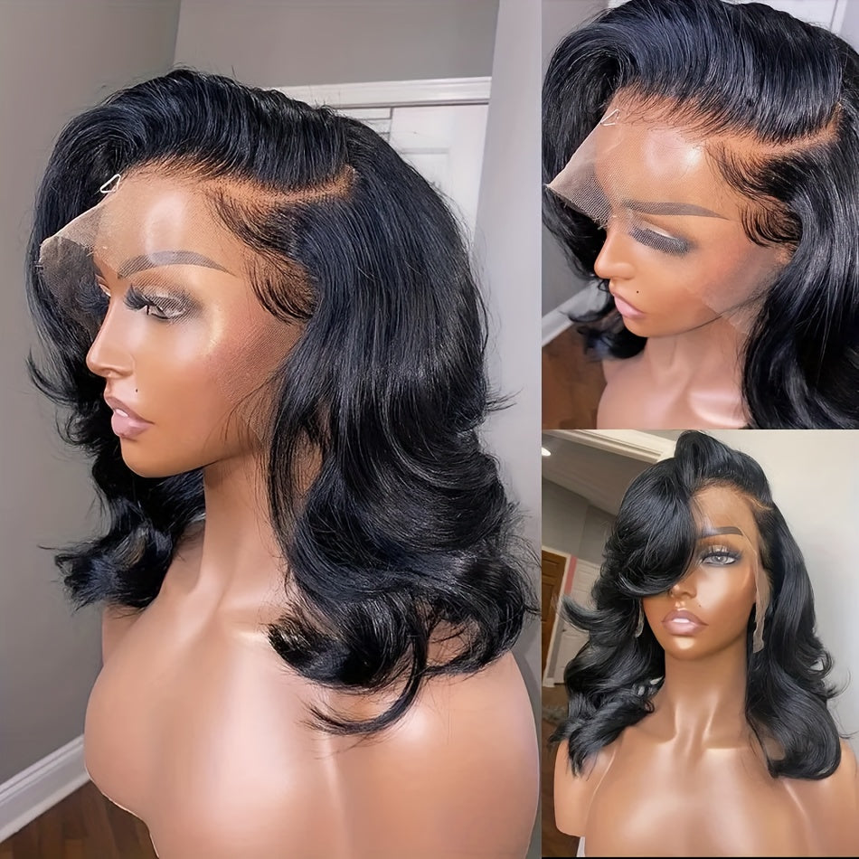 Loose Body Wave 200% Density 13x4 HD Transparent Lace Front Human Hair Wig for Women - Glueless Pre-Plucked Brazilian Hair, Natural Look, Full & Voluminous Waves, Short Bob Style, Blunt Cut, Available in 10/12/14/16 Inches, S