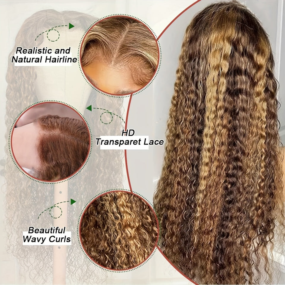 13x4 HD Transparent Lace Front Wig - Honey Blonde Ombre Water Wave Human Hair, Pre-Plucked with Baby Hair, 200% Density, Natural Look for Women, Fashion Accessory | Water Wave Texture | Full Voluminous Wig, Wig Accessories