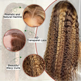 13x4 HD Transparent Lace Front Wig - Honey Blonde Ombre Water Wave Human Hair, Pre-Plucked with Baby Hair, 200% Density, Natural Look for Women, Fashion Accessory | Water Wave Texture | Full Voluminous Wig, Wig Accessories