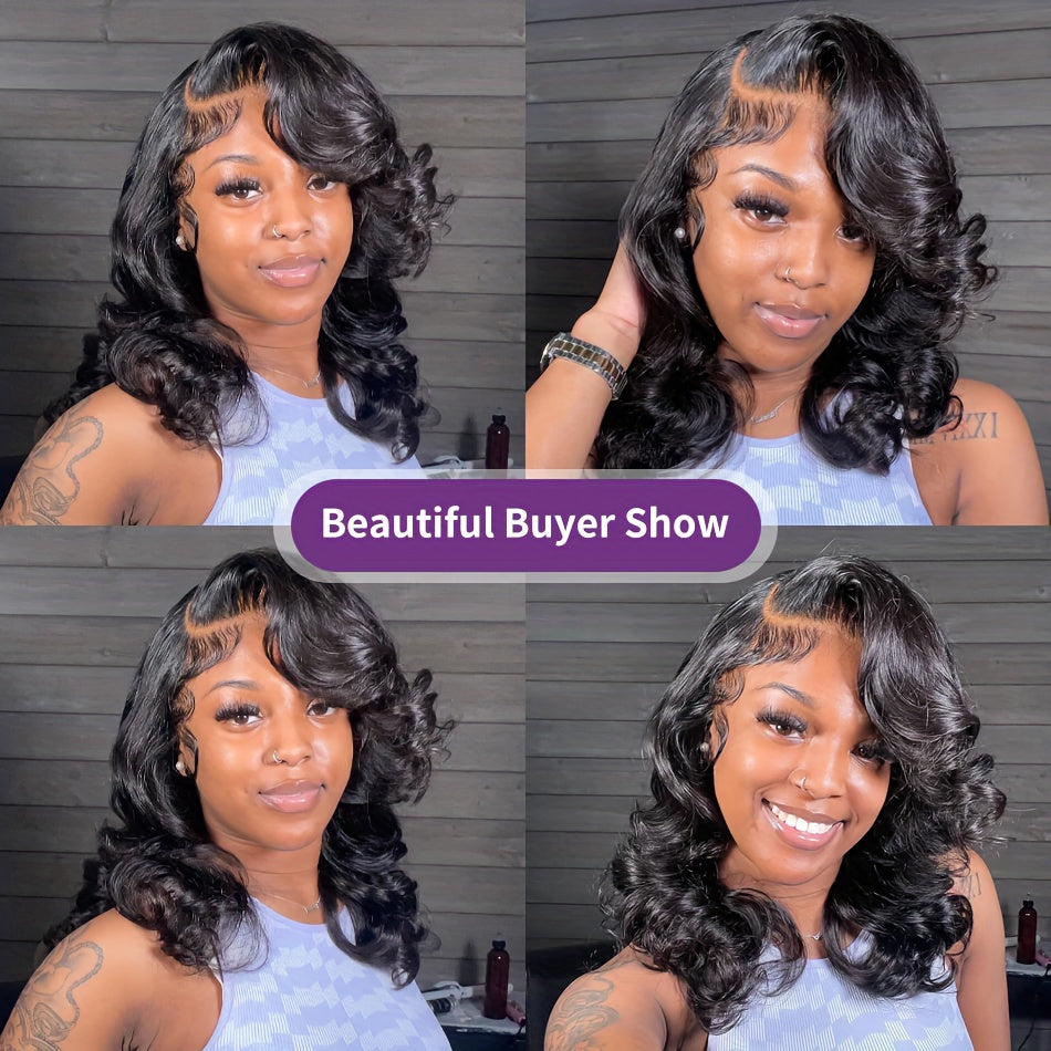 Loose Body Wave 200% Density 13x4 HD Transparent Lace Front Human Hair Wig for Women - Glueless Pre-Plucked Brazilian Hair, Natural Look, Full & Voluminous Waves, Short Bob Style, Blunt Cut, Available in 10/12/14/16 Inches, S
