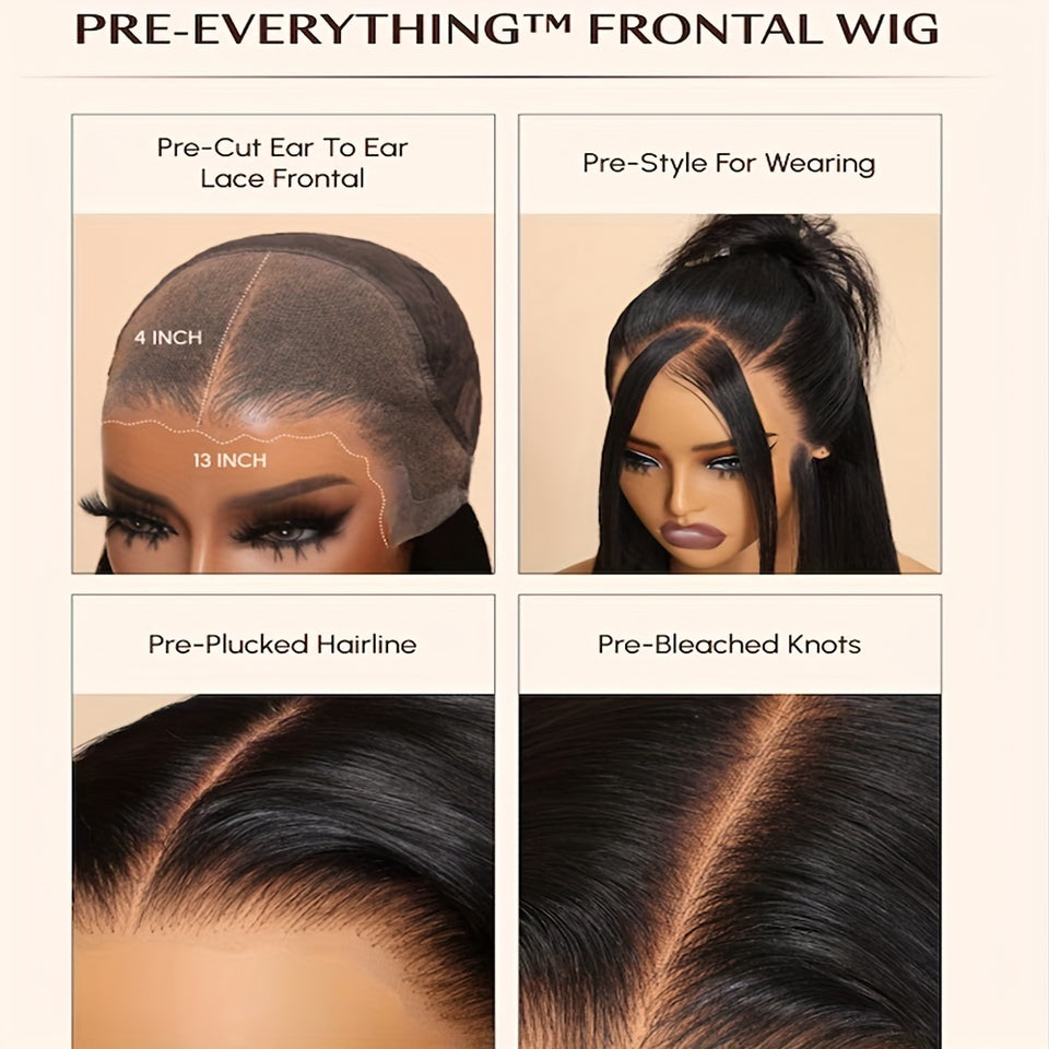 Women's Brazilian Human Hair Wig - Glueless Lace Front with 13x4 Pre-Plucked Baby Hair, 200% Density (Dense Volume), Natural Brown/Black, No Glue Needed, Comfortable & Easy Maintenance - Straight Hairstyle for Everyday, Parti