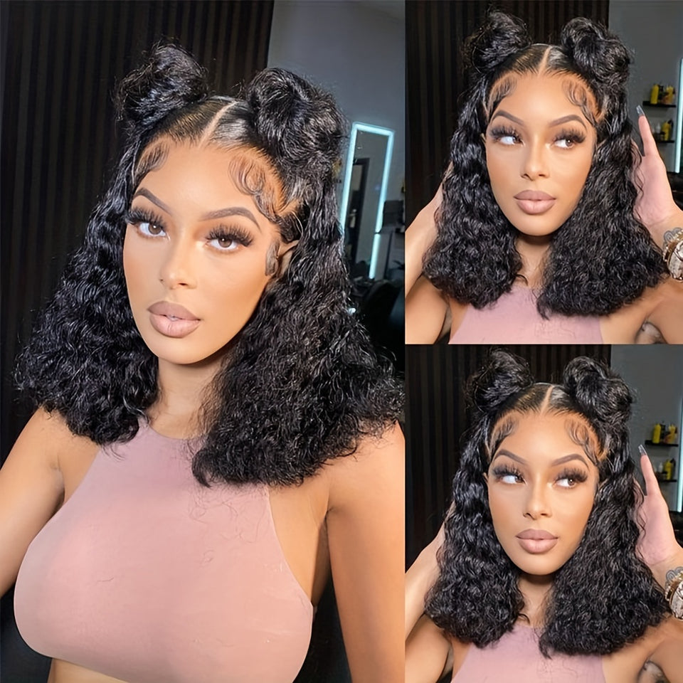 180% Density Deep Wave Bob Wig - 13x4 Lace Frontal, Pre-Plucked Natural Hairline, Brazilian Remy Human Hair, Curly Style, Shoulder-Length Black Wig for Women, Versatile Hair Wig | Curly Bob Wig | Lace Frontal Wig