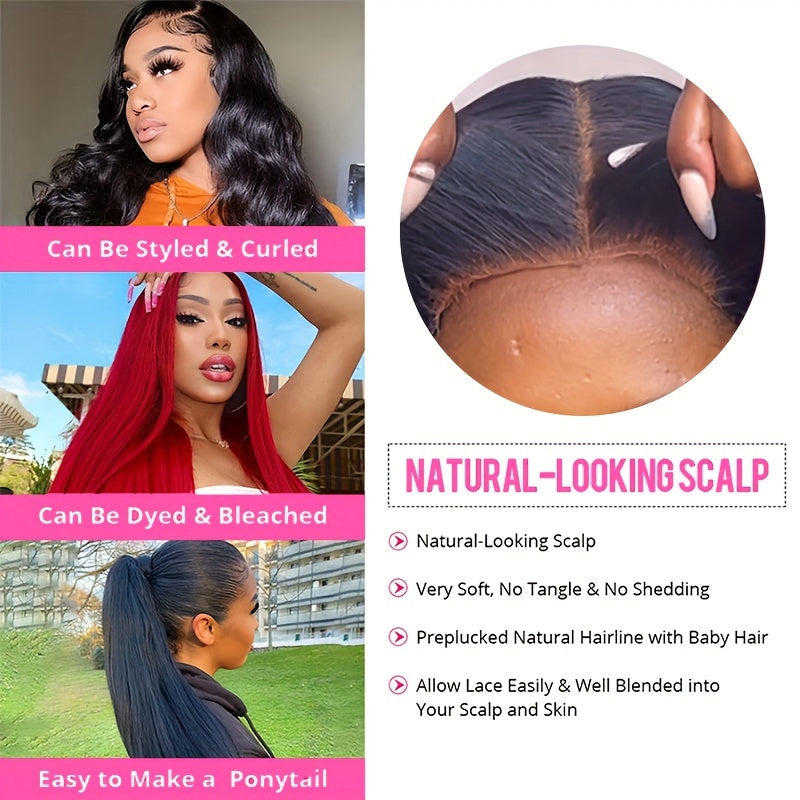 Women's Brazilian Human Hair Wig - Glueless Lace Front with 13x4 Pre-Plucked Baby Hair, 200% Density (Dense Volume), Natural Brown/Black, No Glue Needed, Comfortable & Easy Maintenance - Straight Hairstyle for Everyday, Parti