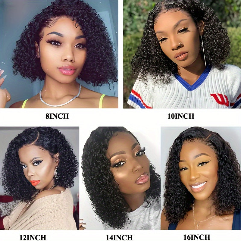 180% Density Deep Wave Bob Wig - 13x4 Lace Frontal, Pre-Plucked Natural Hairline, Brazilian Remy Human Hair, Curly Style, Shoulder-Length Black Wig for Women, Versatile Hair Wig | Curly Bob Wig | Lace Frontal Wig