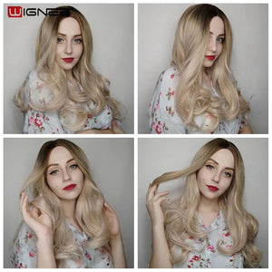 Wignee Long Synthetic Wigs 2 Tone Ombre Brown Ash Blonde Heat Resistant For Women Glueless Wavy Daily/Cosplay Natural Hair Wigs