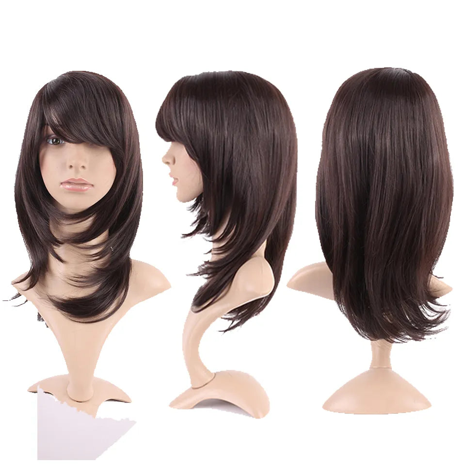 HAIRRO Synthetic 13Inch Dark Brown Medium Long Bob Synthetic Wigs With Bangs Layered Hair Natural Straight Wigs For Women