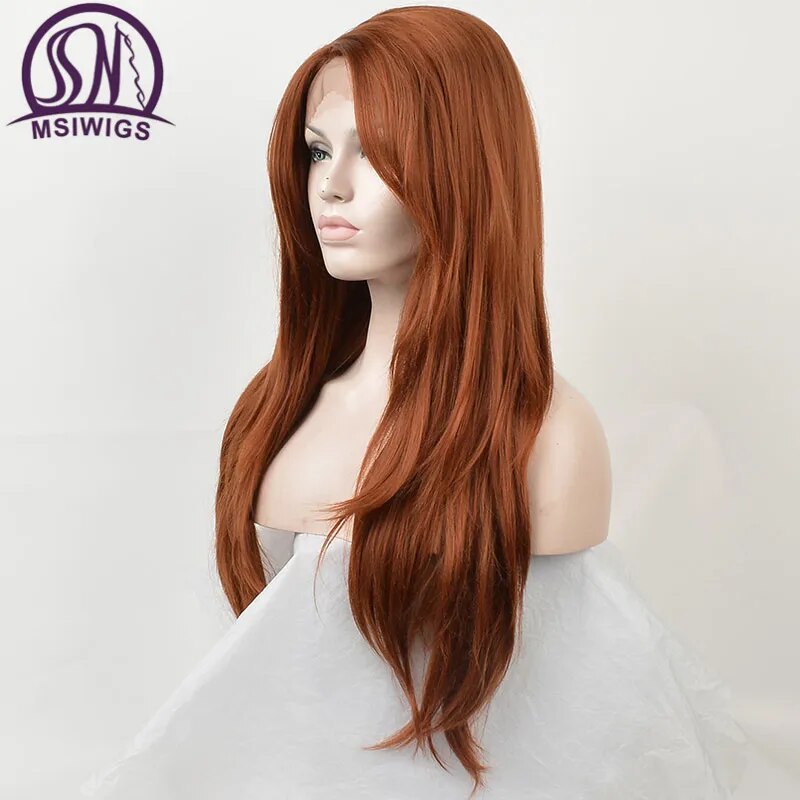 MSIWIGS Orange Synthetic Lace Front Wigs for Women Afro Long Straight Wig with Bangs Heat Resistant Hair