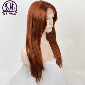MSIWIGS Orange Synthetic Lace Front Wigs for Women Afro Long Straight Wig with Bangs Heat Resistant Hair