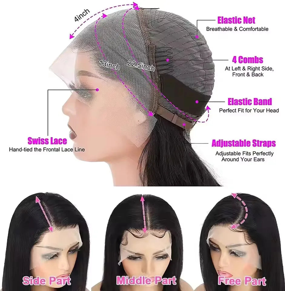 200 density Brazilian Human Hair 13x4 HD Transparent Lace Front Chocolate Brown Short Bob Bone Straight Human Hair Wig For Women