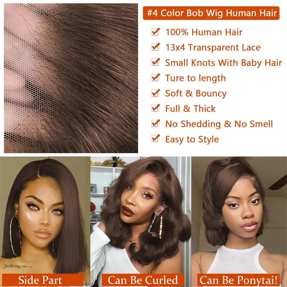 200 density Brazilian Human Hair 13x4 HD Transparent Lace Front Chocolate Brown Short Bob Bone Straight Human Hair Wig For Women
