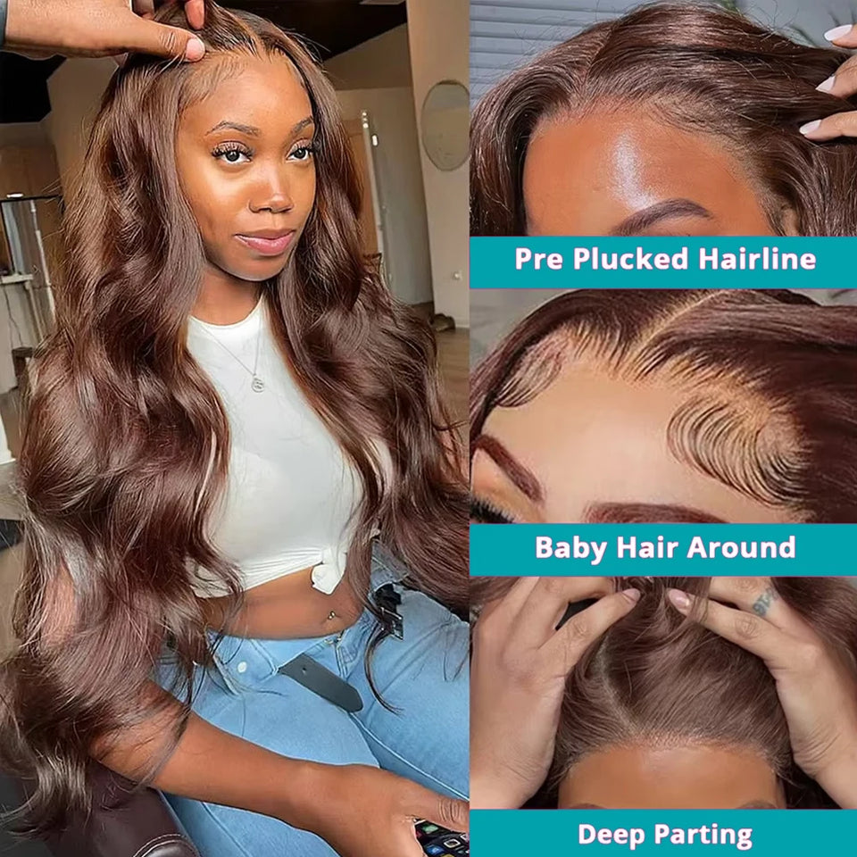 13x6 Chocolate Brown Lace Front Wig Human Hair 200% Density Body Wave Wigs HD Lace Frontal Wigs Pre Plucked Brown Colored Wigs