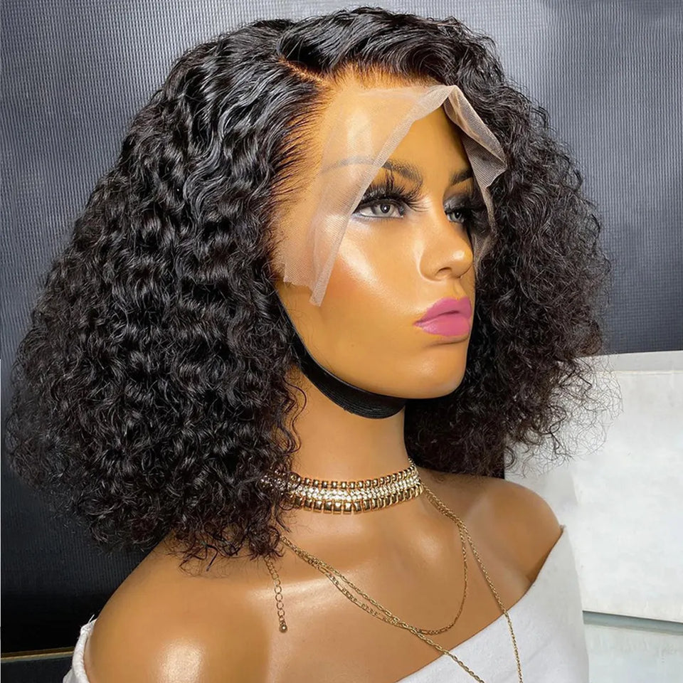 Malaysian Kinky Curly Lace Front Human Hair Wigs Short Curly Bob Wig For Black Women Deep Water Wave Lace Closure Wig PrePlucked