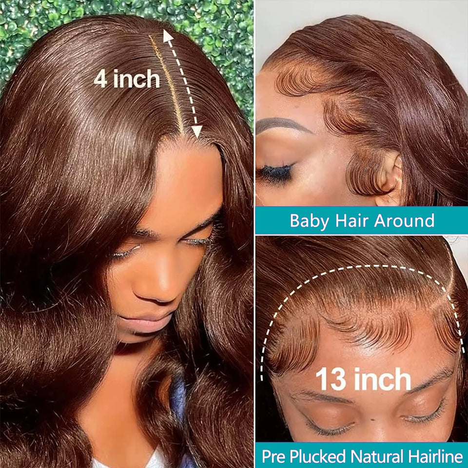 13x6 Chocolate Brown Lace Front Wig Human Hair 200% Density Body Wave Wigs HD Lace Frontal Wigs Pre Plucked Brown Colored Wigs