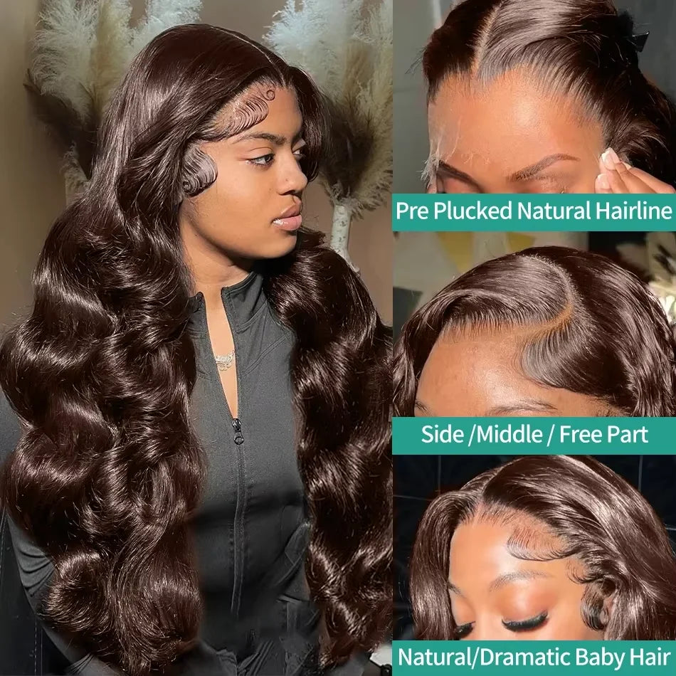 13x6 Chocolate Brown Lace Front Wig Human Hair 200% Density Body Wave Wigs HD Lace Frontal Wigs Pre Plucked Brown Colored Wigs