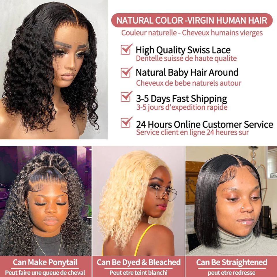250 Density Curly Short Bob Wig Glueless Wig Human Hair Brazilian Deep Wave 13x4 13X6 HD Lace Frontal Human Hair Wig For Women
