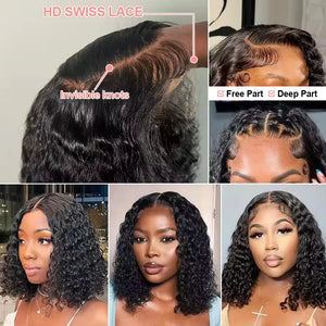 250 Density Curly Short Bob Wig Glueless Wig Human Hair Brazilian Deep Wave 13x4 13X6 HD Lace Frontal Human Hair Wig For Women