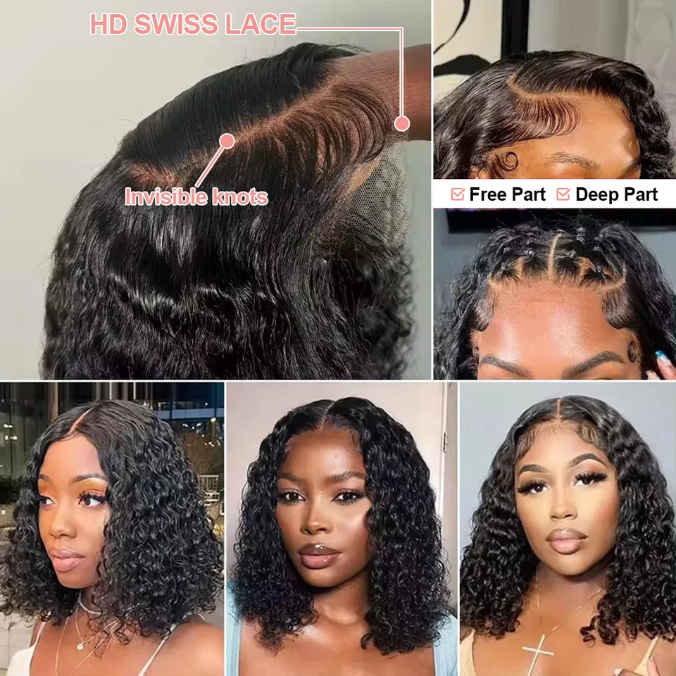 250 Density Curly Short Bob Wig Glueless Wig Human Hair Brazilian Deep Wave 13x4 13X6 HD Lace Frontal Human Hair Wig For Women