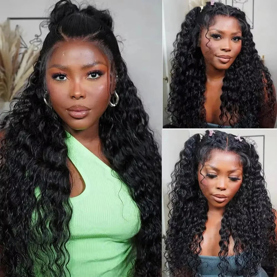 300% Density 13x6 13x4 Deep Wave Frontal Wigs Human Hair 40 46 Inch Curly Human Hair Wigs 360 HD Full Lace Frontal Wig For Women