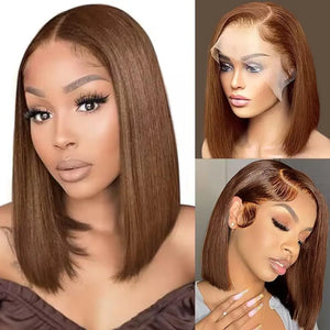 200 density Brazilian Human Hair 13x4 HD Transparent Lace Front Chocolate Brown Short Bob Bone Straight Human Hair Wig For Women