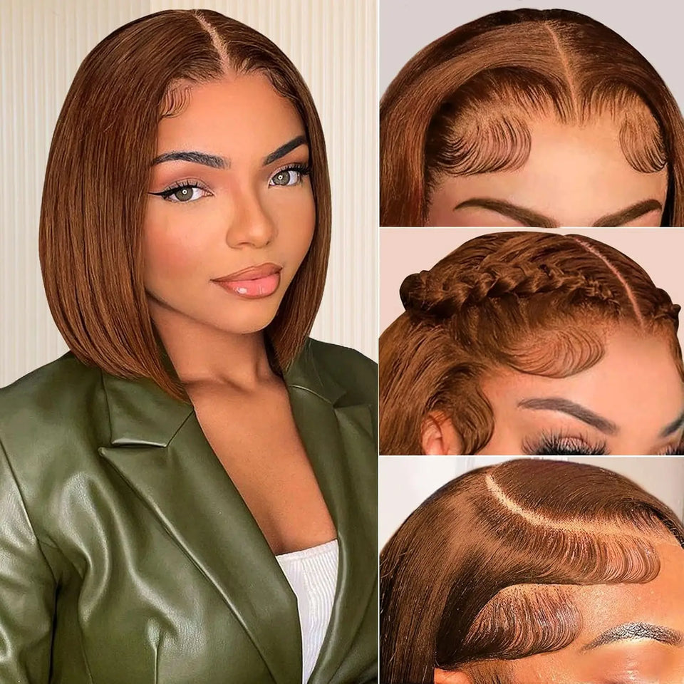 200 density Brazilian Human Hair 13x4 HD Transparent Lace Front Chocolate Brown Short Bob Bone Straight Human Hair Wig For Women