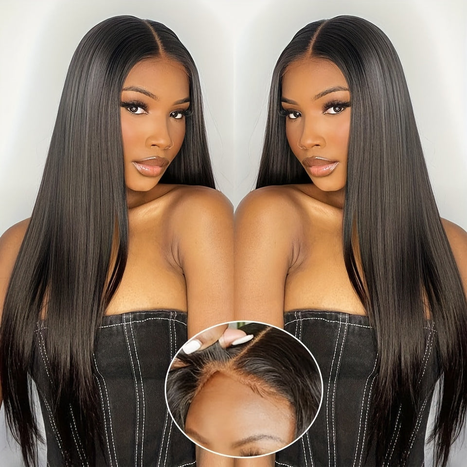 Women's Brazilian Human Hair Wig - Glueless Lace Front with 13x4 Pre-Plucked Baby Hair, 200% Density (Dense Volume), Natural Brown/Black, No Glue Needed, Comfortable & Easy Maintenance - Straight Hairstyle for Everyday, Parti