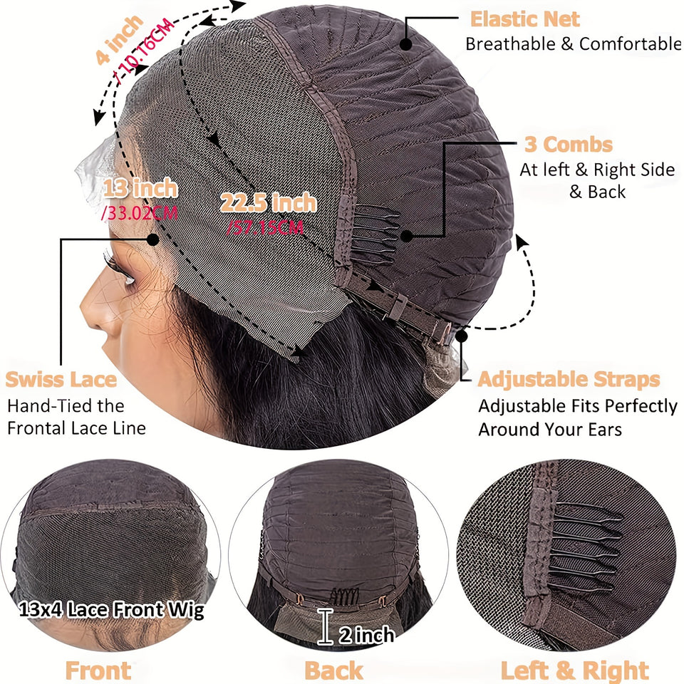 13x4 HD Lace Front Wig Virgin Human Hair 12A 180 Density Straight Pre-Plucked with Baby Hair Natural Black - Breathable Transparent Lace Frontal Wig for, Fashion Accessory, Sleek Hairstyle