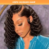180% Density Deep Wave Bob Wig - 13x4 Lace Frontal, Pre-Plucked Natural Hairline, Brazilian Remy Human Hair, Curly Style, Shoulder-Length Black Wig for Women, Versatile Hair Wig | Curly Bob Wig | Lace Frontal Wig