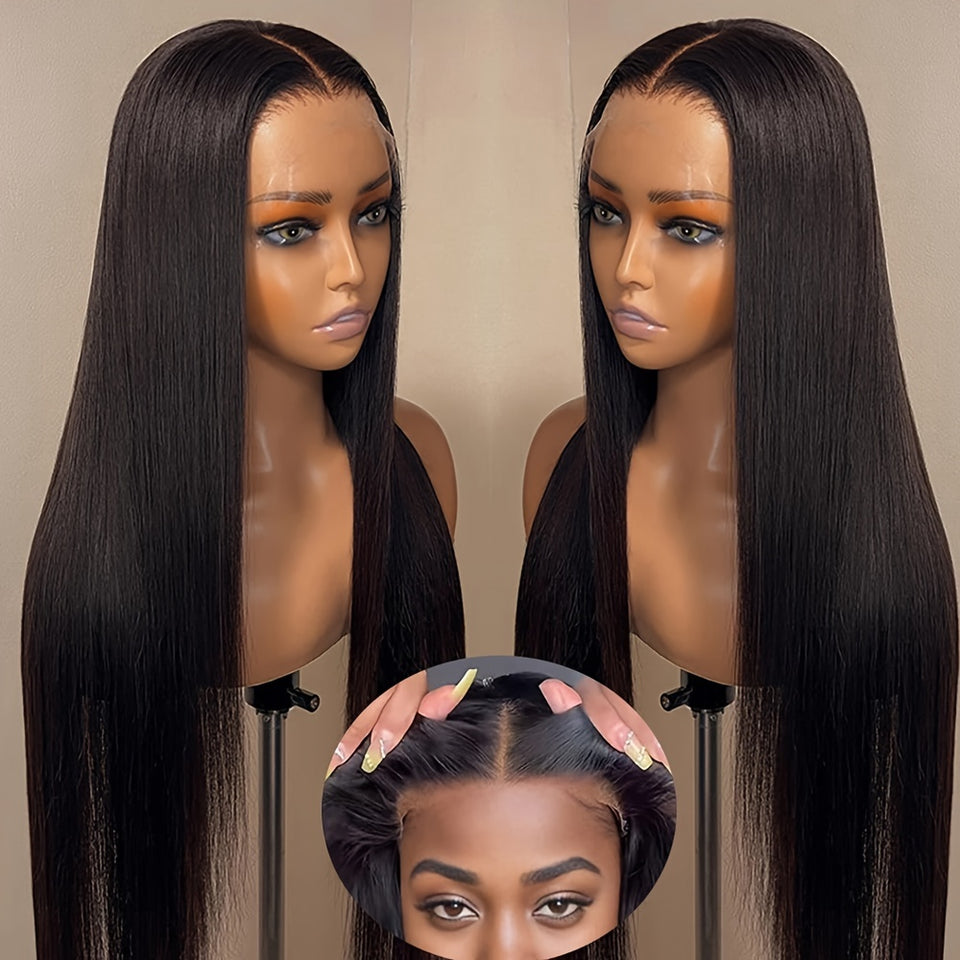 Women's Brazilian Human Hair Wig - Glueless Lace Front with 13x4 Pre-Plucked Baby Hair, 200% Density (Dense Volume), Natural Brown/Black, No Glue Needed, Comfortable & Easy Maintenance - Straight Hairstyle for Everyday, Parti