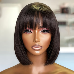 100% Human Hair Straight Short Bob Wig with Bangs - 180% Density Glueless Machine-Made Wig for Women, Natural Color Versatile Hairstyle for All Ethnicities & Occasions, Hair Wig