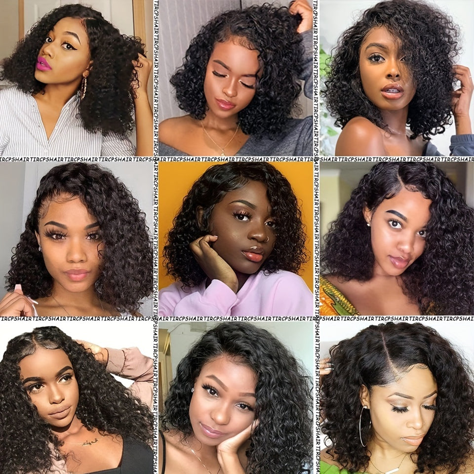 180% Density Deep Wave Bob Wig - 13x4 Lace Frontal, Pre-Plucked Natural Hairline, Brazilian Remy Human Hair, Curly Style, Shoulder-Length Black Wig for Women, Versatile Hair Wig | Curly Bob Wig | Lace Frontal Wig
