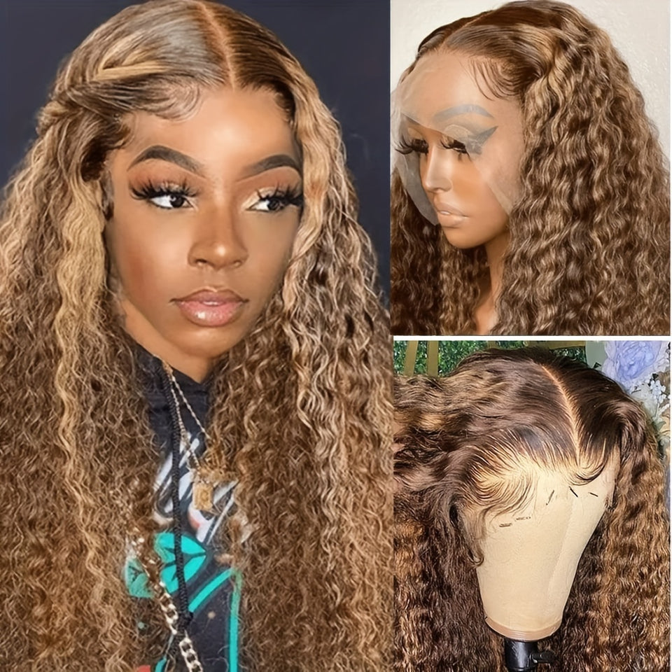 13x4 HD Transparent Lace Front Wig - Honey Blonde Ombre Water Wave Human Hair, Pre-Plucked with Baby Hair, 200% Density, Natural Look for Women, Fashion Accessory | Water Wave Texture | Full Voluminous Wig, Wig Accessories