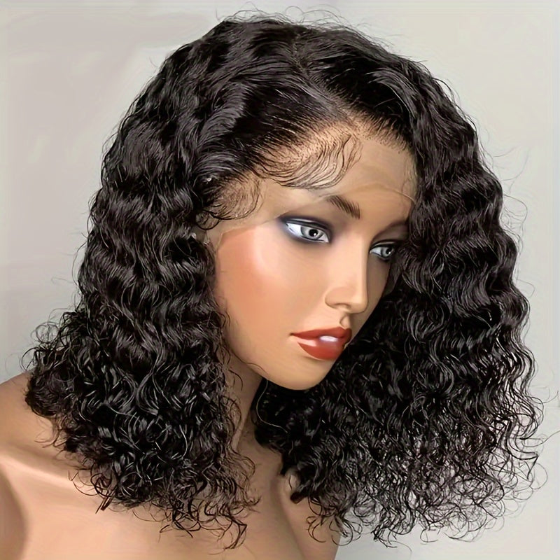 180% Density Deep Wave Bob Wig - 13x4 Lace Frontal, Pre-Plucked Natural Hairline, Brazilian Remy Human Hair, Curly Style, Shoulder-Length Black Wig for Women, Versatile Hair Wig | Curly Bob Wig | Lace Frontal Wig