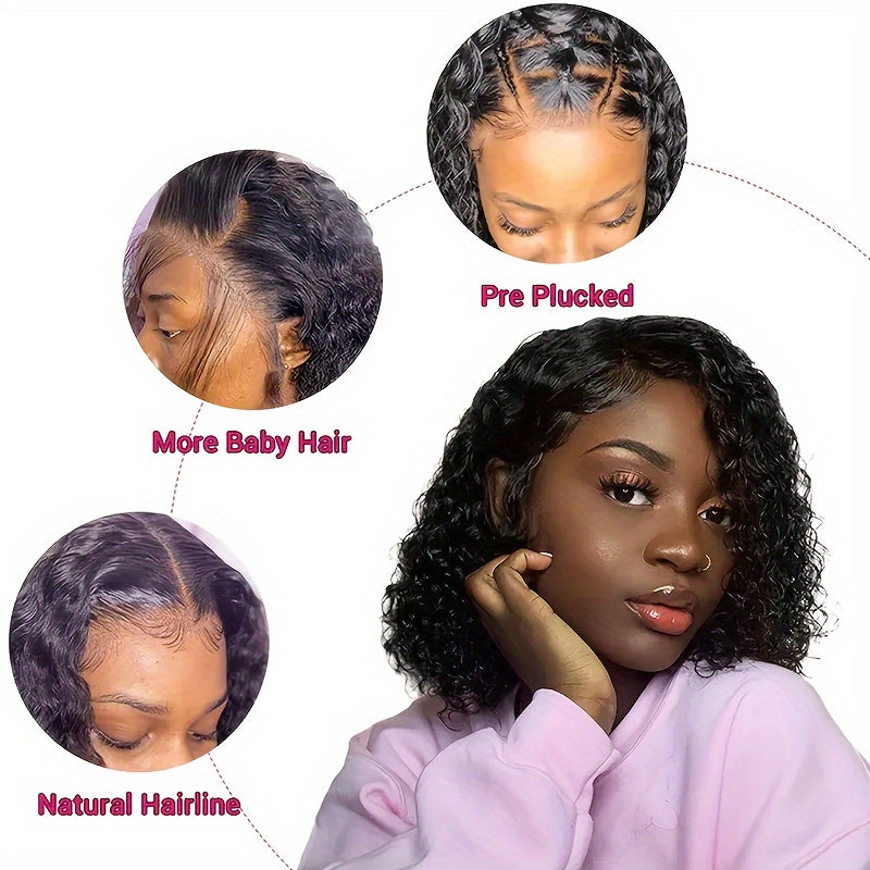 180% Density Deep Wave Bob Wig - 13x4 Lace Frontal, Pre-Plucked Natural Hairline, Brazilian Remy Human Hair, Curly Style, Shoulder-Length Black Wig for Women, Versatile Hair Wig | Curly Bob Wig | Lace Frontal Wig
