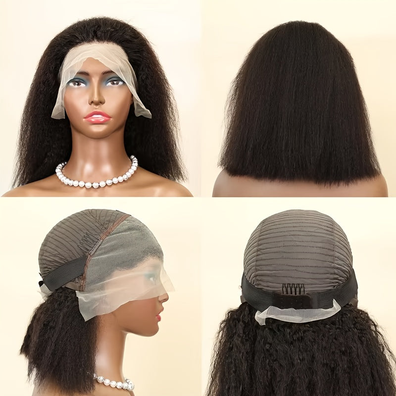 200% Density 13x4 HD Transparent Lace Front Human Hair Wig - Kinky Straight Brazilian Yaki Straight Glueless Pre-Plucked Wig for Women, 10-16 Inch Lengths, Natural Look & Comfort