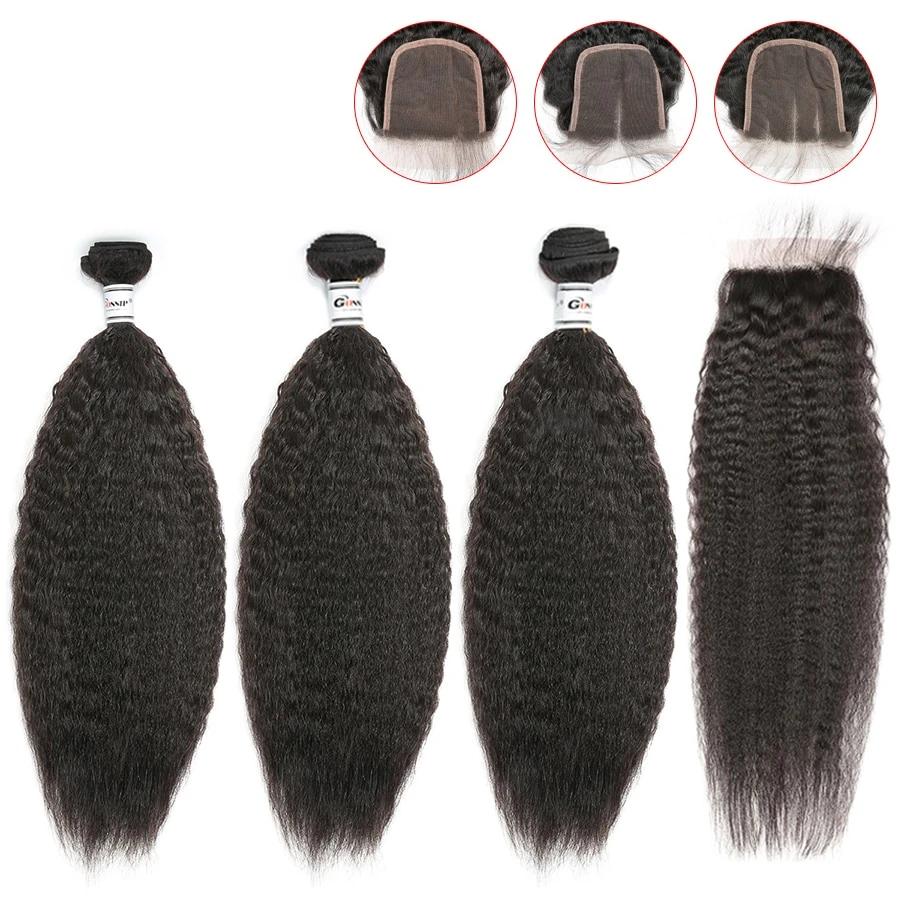Kinky Straight Hair 3 Bundles With Closure Pre Plucked With Baby Hair Human