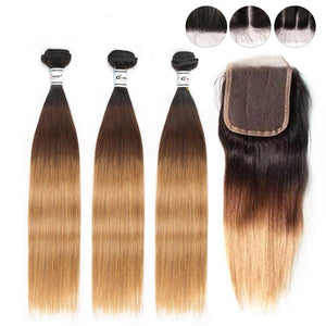 Ombre 1b/4/27 Brazilian Straight Hair Bundles With Closure 3 Bundles Human Hair With Closure Gossip Non Remy Hair Free Shipping