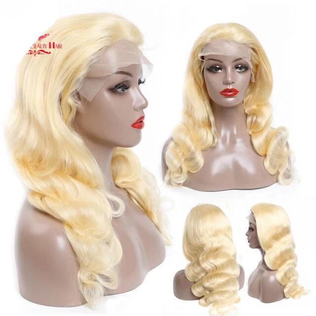 Body Wave Lace Front Human Hair Wigs with Bangs Blonde Colored Blunt Cut Brazilian Remy Hair