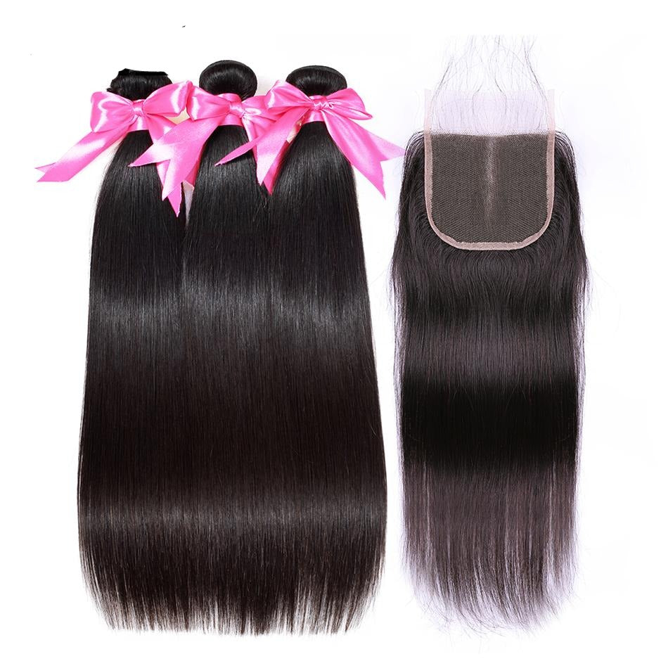 3 Bundles Straight Hair With Closure Remy Human Hair Bundles With Closure  4*4 Free Part Swiss Lace Indian Hair Extensions
