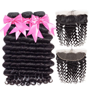 Malaysian Loose Deep Bundles With Frontal Remy Human Hair Bundles With Frontal 13*4 Weave Bundles With Closure