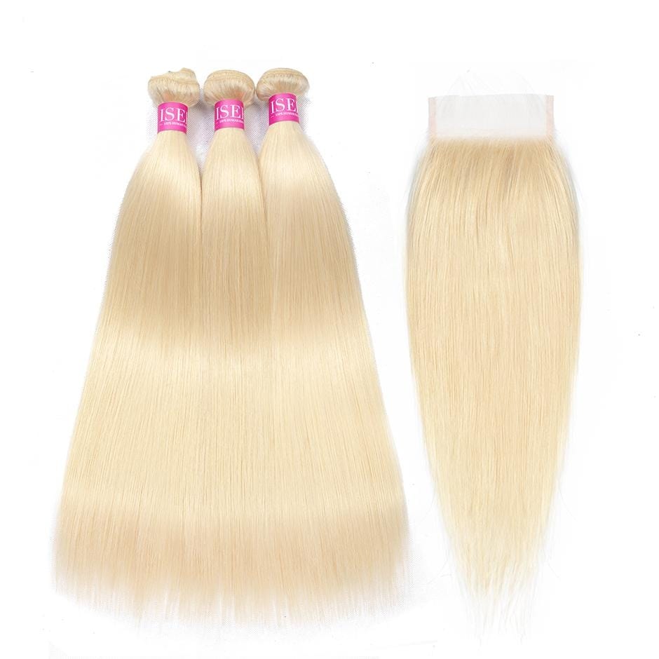 Zetvaa 12 & 14 & 16 & Closure 10 / #613 / Free Part 613 Straight Bundles With Closure 3 Bundles ISEE HAIR Malaysian Hair Weave Bundles Virgin Human Hair Blonde Bundles With Closure