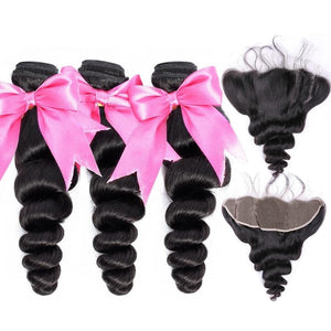 Zetvaa 12 & 14 & 16 & Closure 10 / Natural Color Malaysian Loose Wave Bundles With Frontal Remy Human Hair Bundles With Frontal 13*4 Weave Bundles With Closure