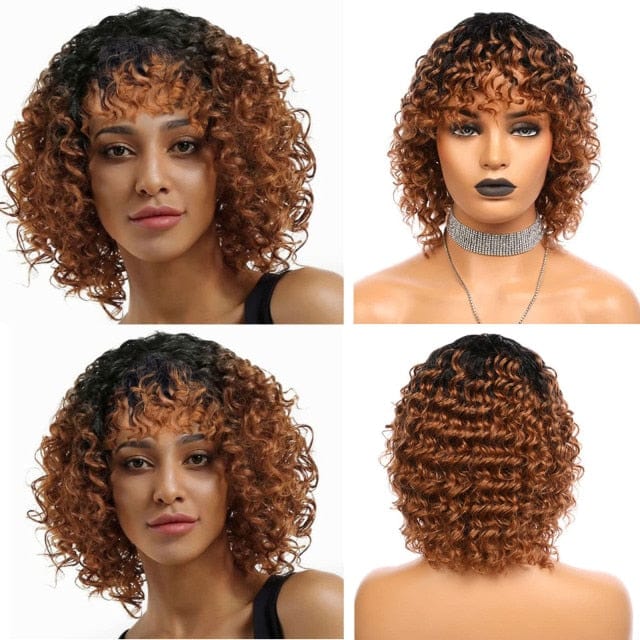Zetvaa 12inches / 150% / 1BT30 Ombre Brown Afro Curly Bob Wig Human Hair 1B/30 2 Tones None Lace Front Glueless Short Kinky Curly Full Machine Made Bob Wigs