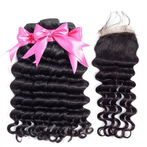 Zetvaa 14 & 16 & 18 & Closure 12 Loose Deep Bundles With Closure 100% Remy Human Hair Bundles With Closure 3 Bundles Peruvian Hair With Closure