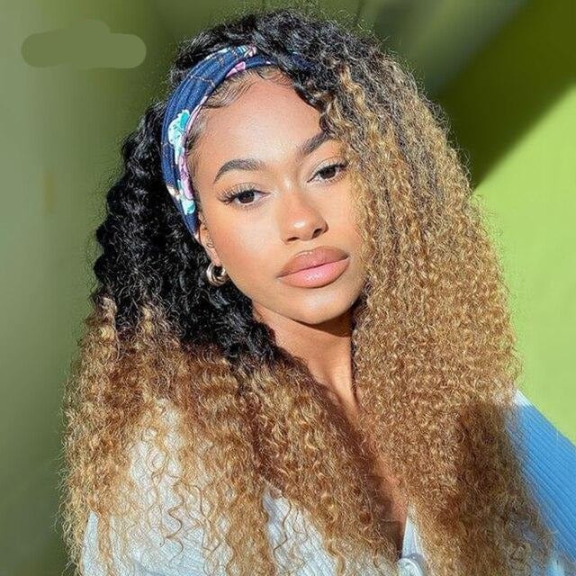Zetvaa 1B 27 / 24inches / 150 Density Honey Blonde Colored Afro Kinky Curly Silk Headband Wig Human Hair for Black Women Brazilian Curly Wigs for Black Women